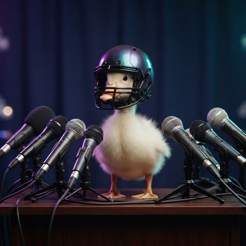 Solduck answering questions behind a podium crowded with microphones at a press conference