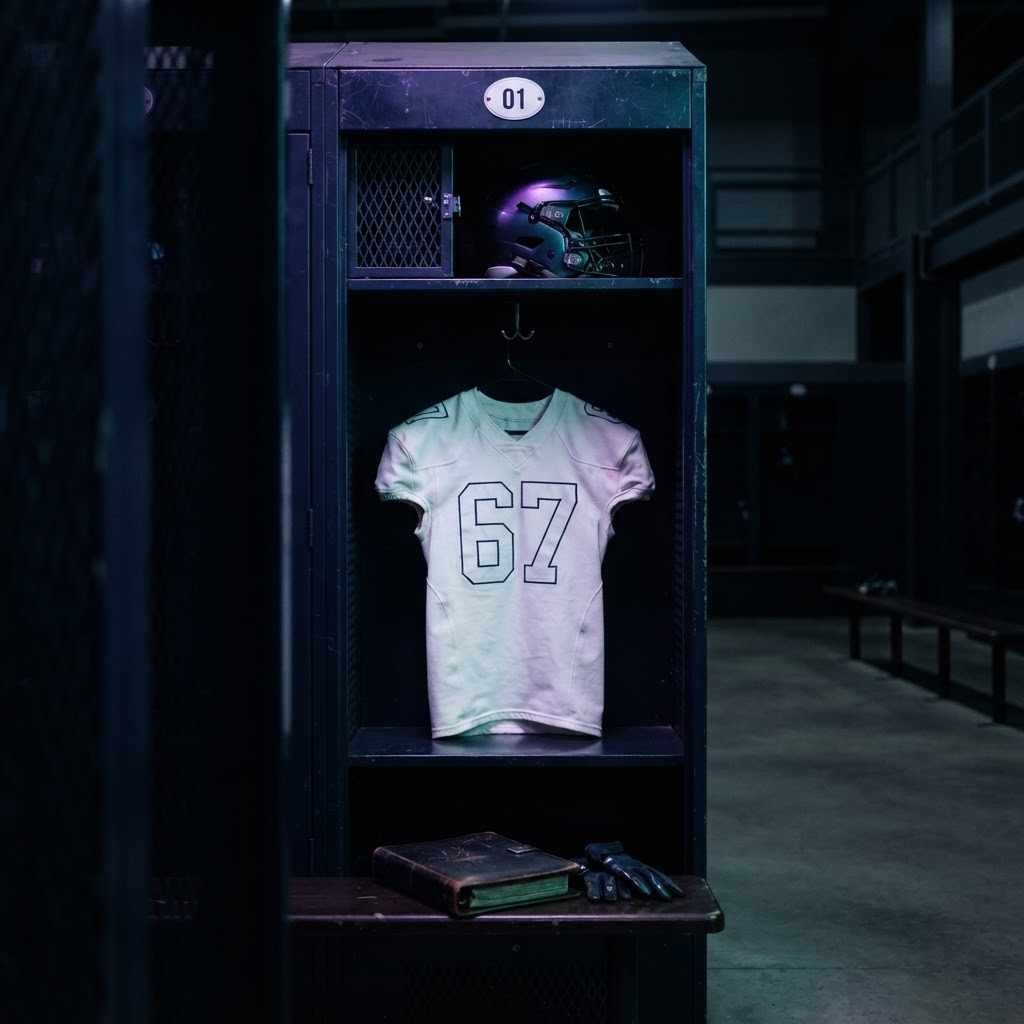 Solduck's locker with a purple-teal chrome helmet, a football, a number 01 duck jersey, and a worn playbook